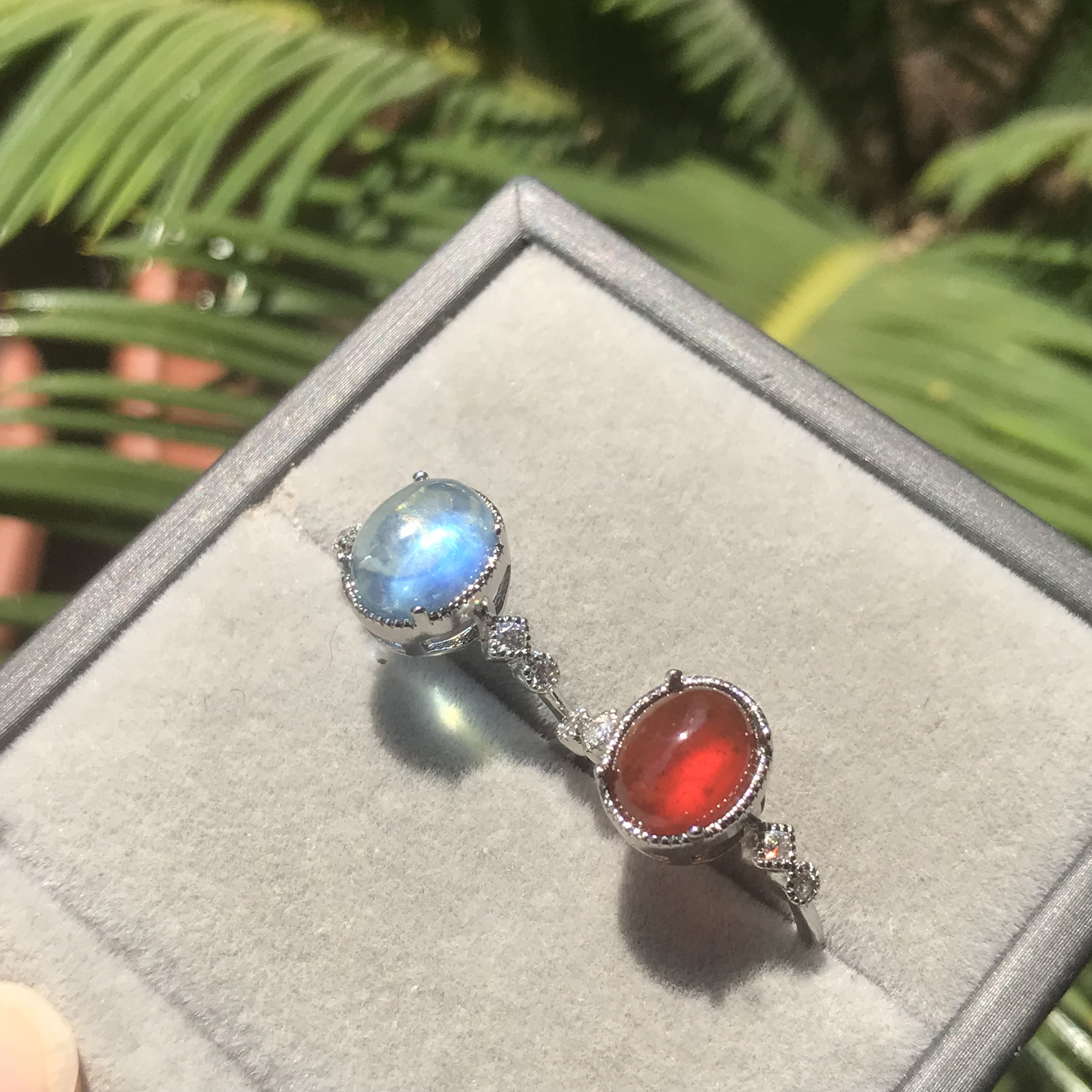 天然海蓝宝石榴石戒指白铜托