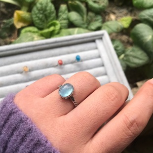 A05天然海蓝宝孔雀石7*9宝石戒指活口可调节白铜托非纯银托ZC成品