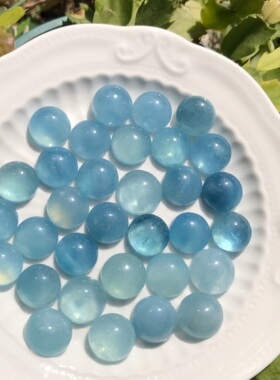 大尺寸!正圆形天然海蓝宝戒面裸石蛋面镶嵌绕线戒指吊坠耳有棉裂