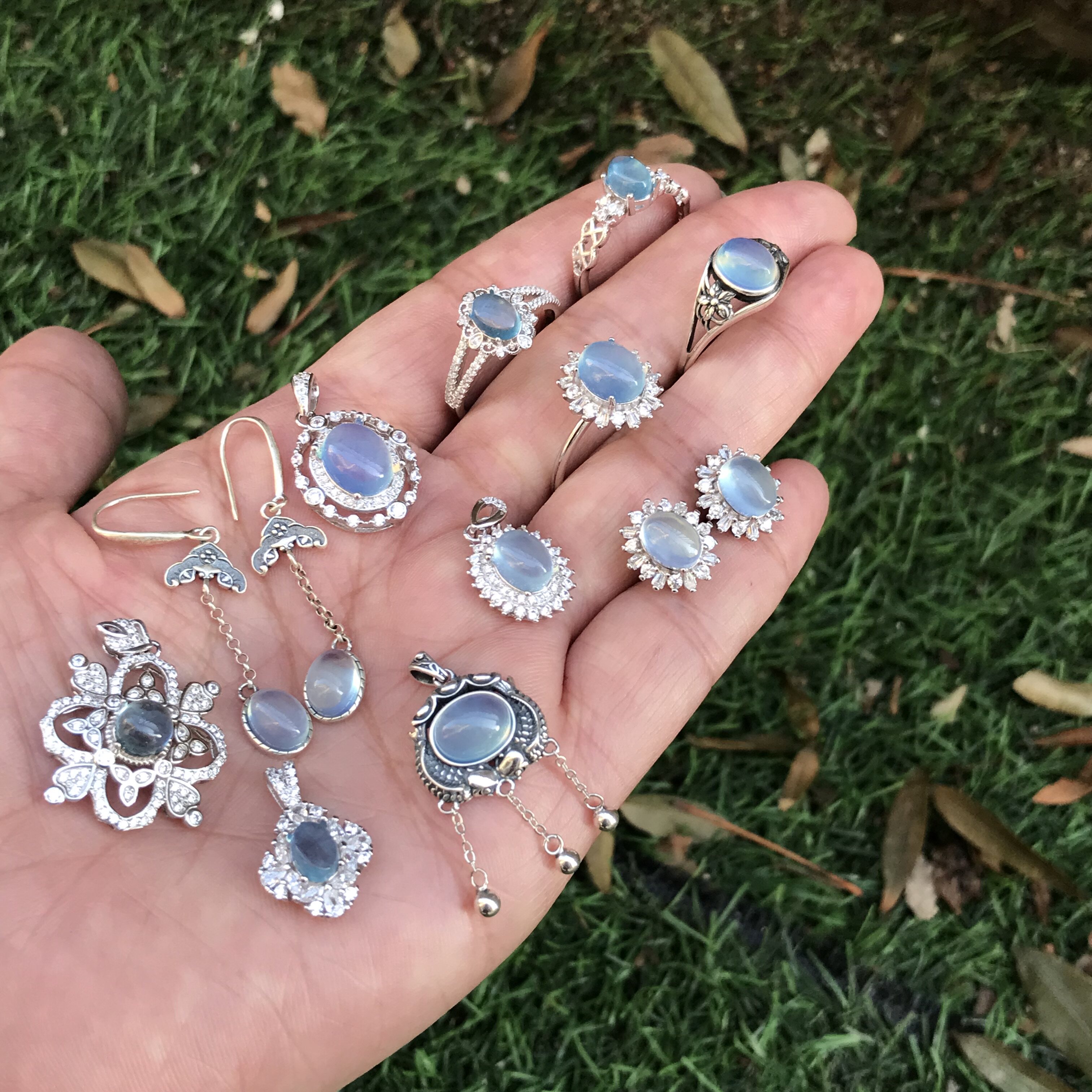 #s925银新品天然高品质海蓝宝镶嵌成品戒指/吊坠/耳钉耳钩/手链