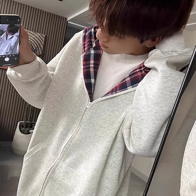 拼接格子连帽开衫卫衣男春秋假两件美式潮牌重磅硬挺拉链开春外套