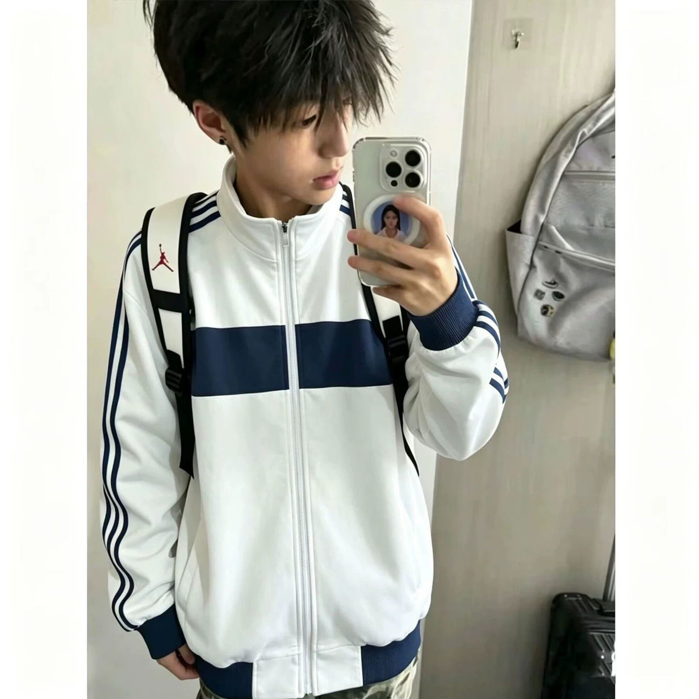 美式高街三条杠条纹卫衣男装2026新款秋冬季情侣装开衫立领外套潮