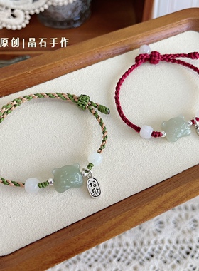 天然和田玉老虎头手绳女白玉925纯银小红绳手链虎年本命年送礼物