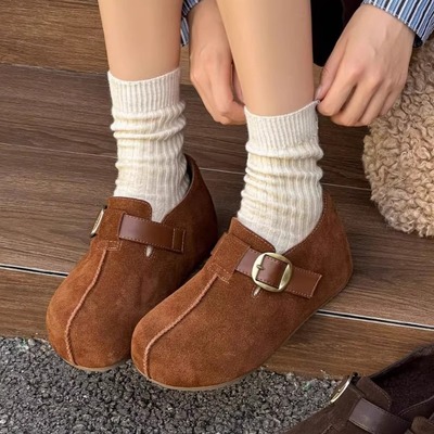 韩版真皮厚底内增高勃肯鞋女2025秋冬款时尚百搭魔术贴加绒穆勒鞋