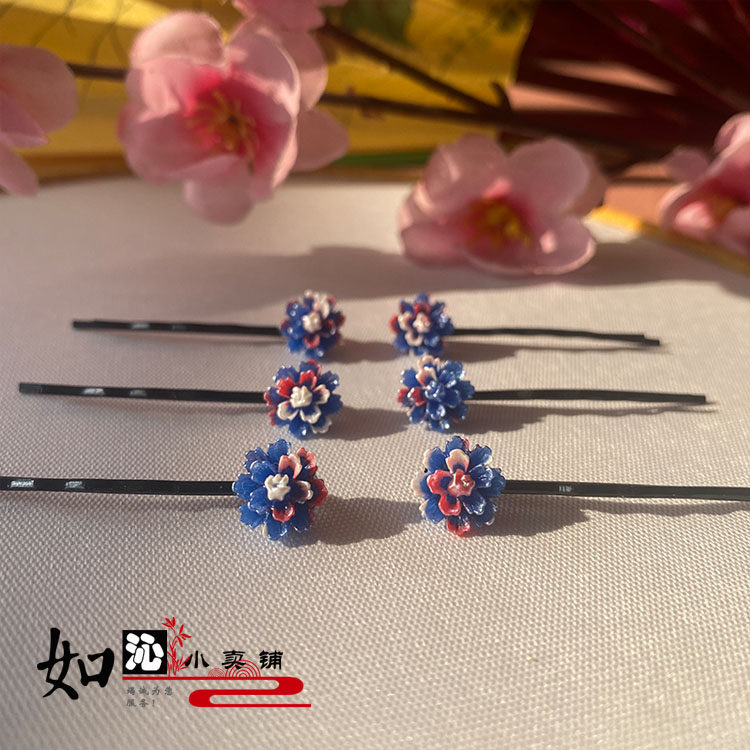 新品儿童中国风头饰 汉服百搭配饰渐变色树脂小花一字小发夹