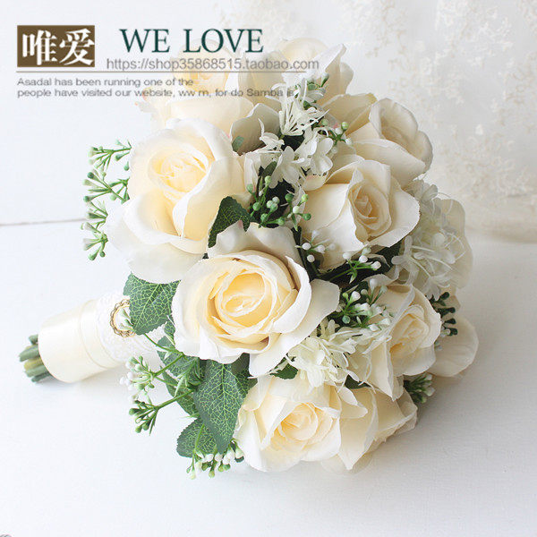 welove仿真花束纯净香槟玫瑰新娘手捧花结婚拍照摄影婚礼领证仪式