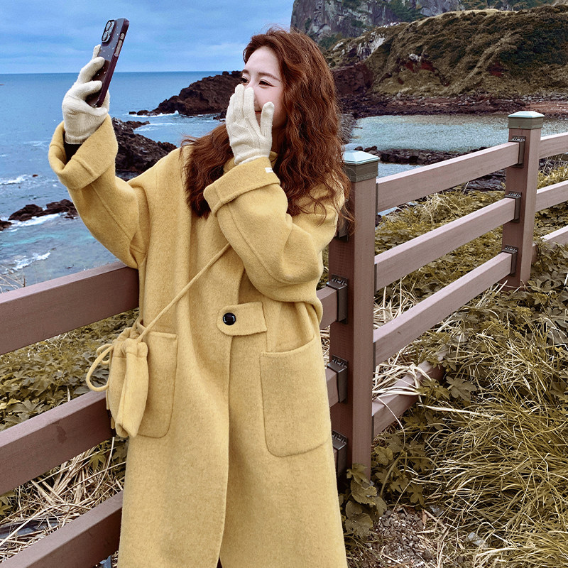 黄色连帽双面呢羊毛大衣女2025年冬季新款韩系温柔风加厚毛呢外套,女装毛呢外套,2B110