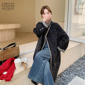 黑色立领撞色双面羊绒大衣女秋冬超火好看高级小众中长毛呢厚外套图片