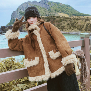 美拉德咖色立领皮毛一体羊羔毛厚外套女秋冬巨好看高级感加绒棉服图片