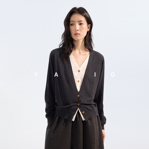 YAYIO羊毛拼接麻料假两件开衫
