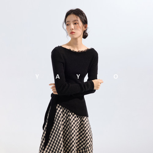 YAYIO一字肩拼蕾丝不规则毛衫