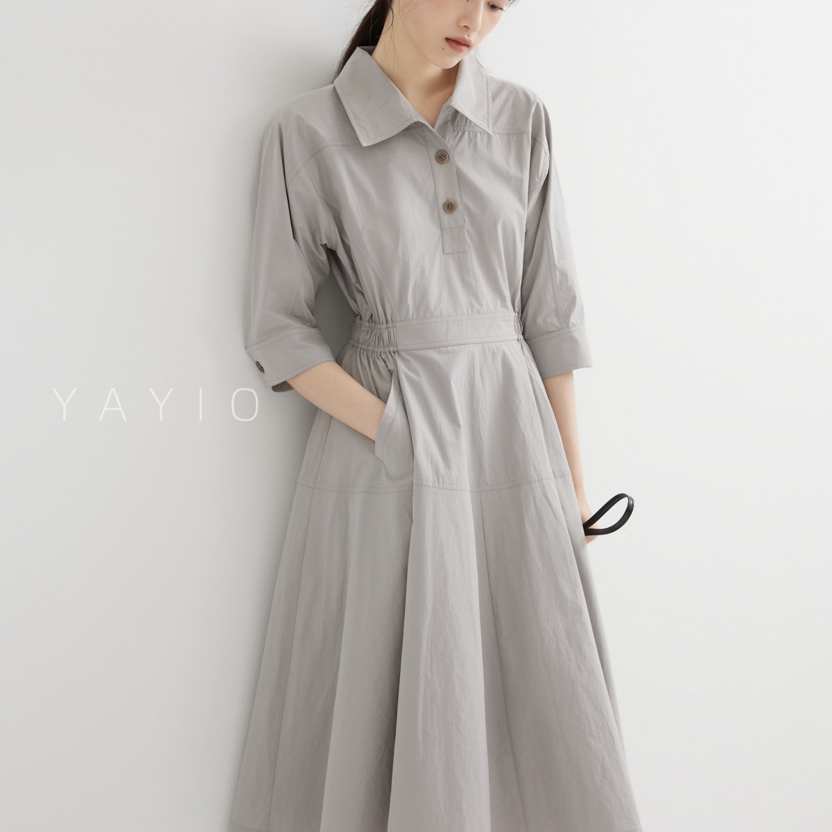 YAYIO 春夏新款衬衫连衣裙女 盐缩纯棉面料质感柔软中长裙