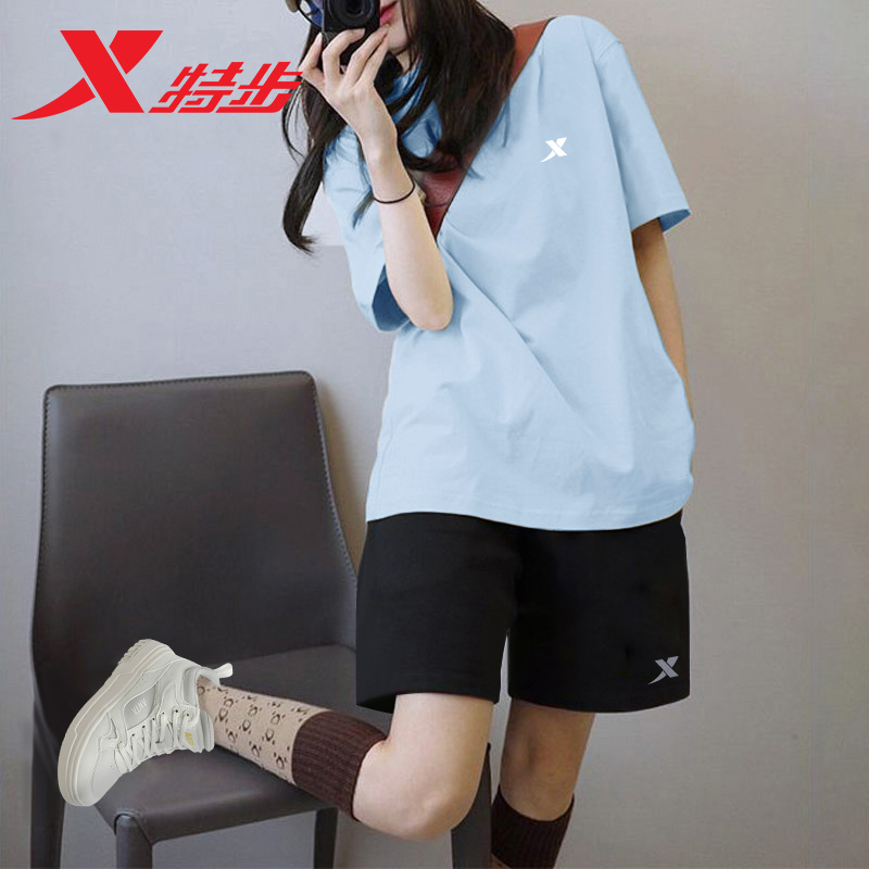 特步纯棉短袖运动套装女夏季新款上衣半袖宽松大码五分短裤两件套