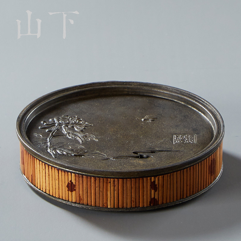 锡茶盘湘妃竹做旧圆形壶承