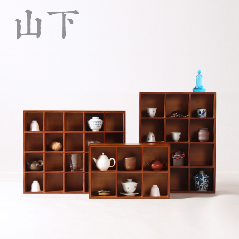 竹制茶壶茶杯收纳架子格子架墙上