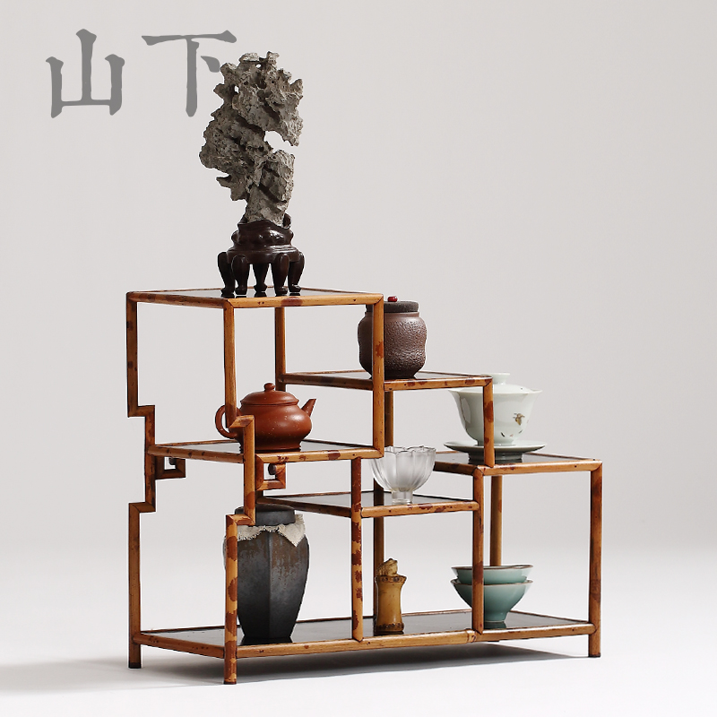 福建湘妃竹茶棚茶道茶具收纳架精品二层高低博古架古玩文玩展示台