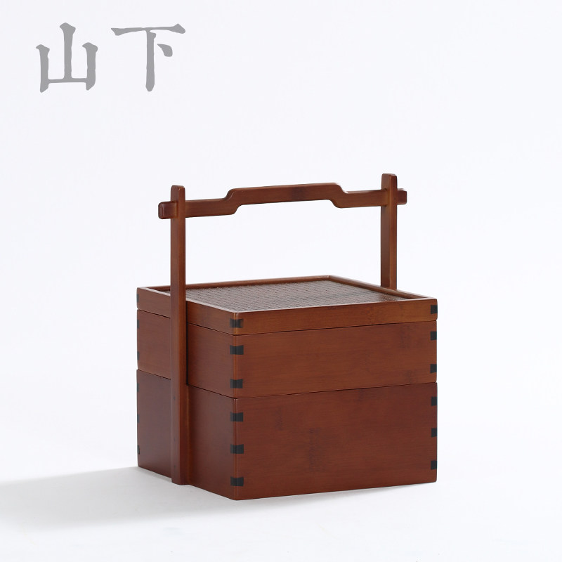 竹编二层提箱茶具便携旅行收纳箱茶盘席面竹提盒户外茶具茶盘食盒