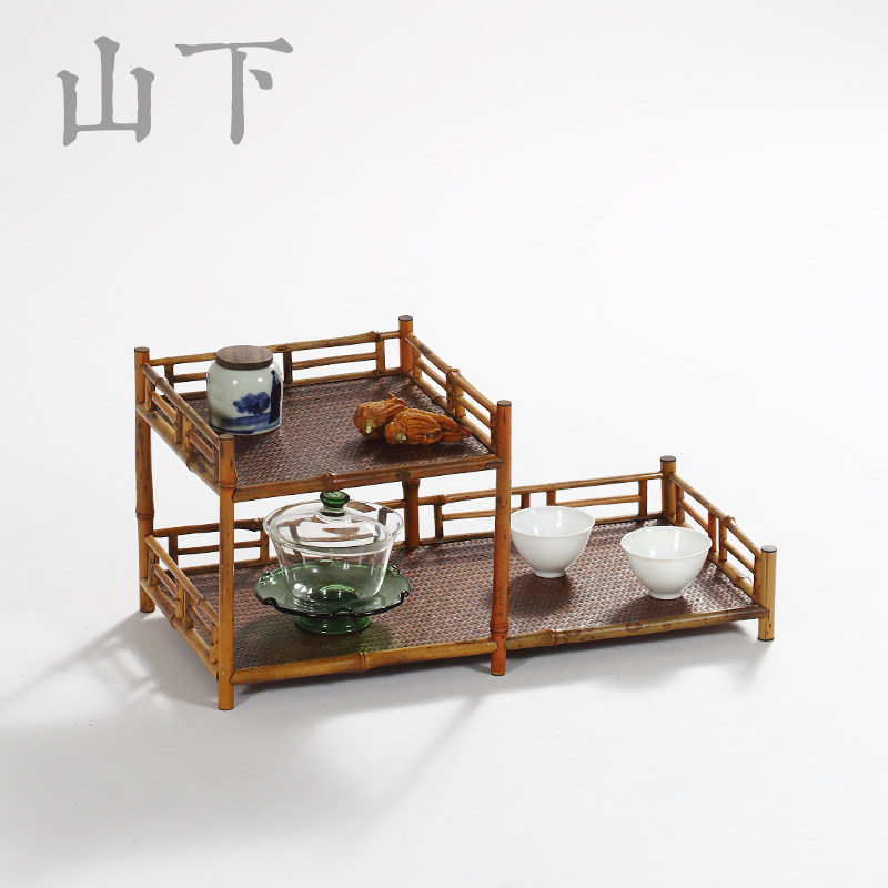 高低二档梅鹿竹茶棚多宝阁博古架茶具架子茶道配件梅鹿竹茶杯架