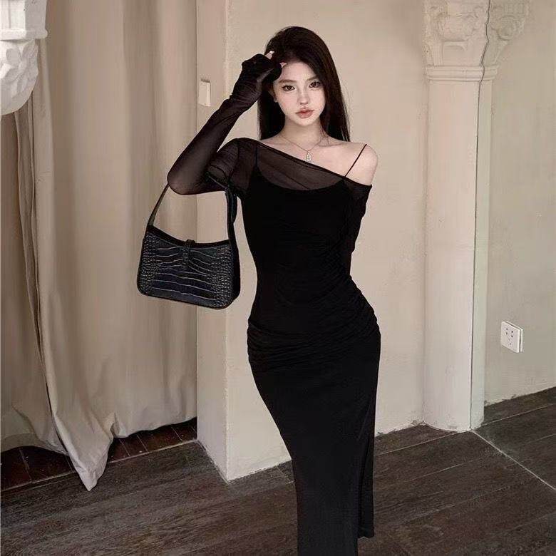 露肩性感包臀时尚两件套秋季女连衣裙气质御姐名媛吊带裙罩衫套装