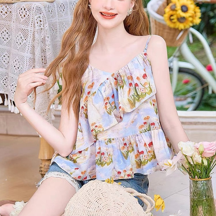 2025年夏季新款女甜美海边度假辣妹雪纺衫碎花小吊带背心无袖上衣