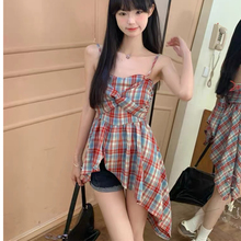 甜辣妹不规则红色格纹吊带背心女夏季无袖修身收腰格子衬衫裙上衣
