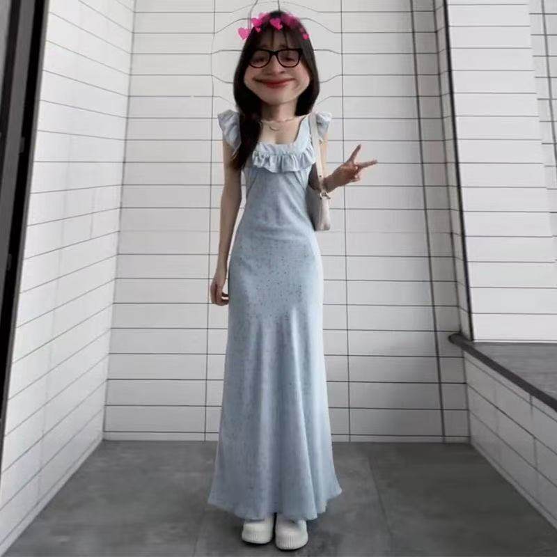 欧美跨境茶歇法式蓝色碎花连衣裙子女夏季2025新款小个子飞袖长裙,女装/女士精品,连衣裙,淘宝优惠券,粉丝福利购,淘宝优惠卷