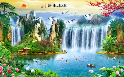 自然流水生财玄关背景墙贴画海报