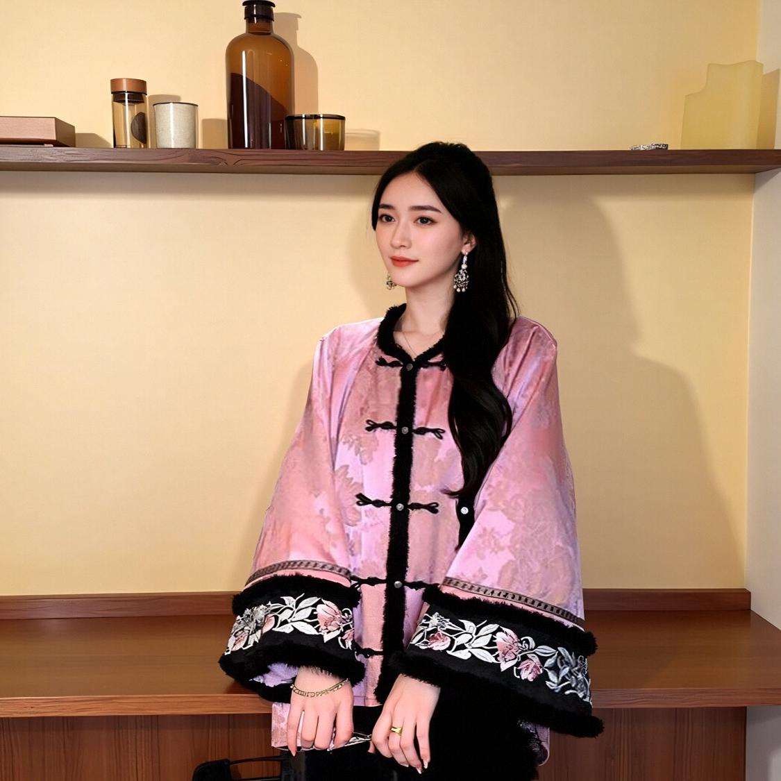 MOSS 【国色天香】国风新中式正襟袖口刺绣水貂毛羽绒服女