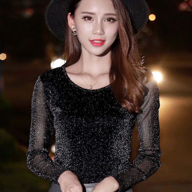 2025春秋新款圆领蕾丝衫女长袖百搭修身大码韩版T恤打底小衫女潮