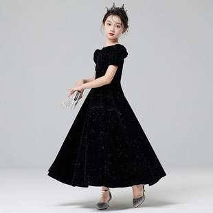 洋气时尚儿童高端黑色礼服长裙女童泡泡袖公主连衣裙子钢琴演出服