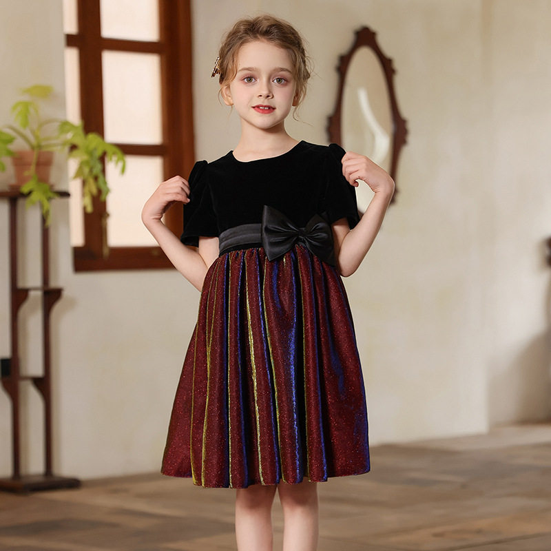洋气黑红色儿童礼服公主裙女童短袖连衣裙子中大童女孩时尚演出服