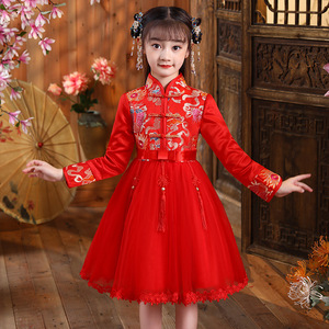 女童加绒汉服连衣裙秋冬儿童中国风旗袍公主裙子红新年装演出礼服