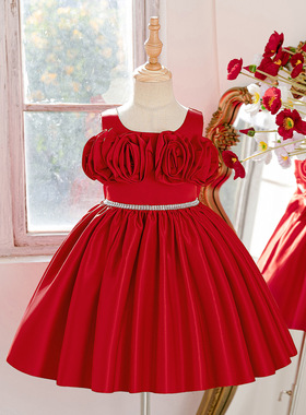 女童红色公主裙夏季儿童无袖背心连衣裙子表演出服小女孩生日礼服