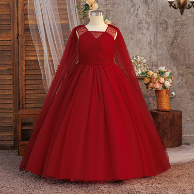 女童春夏红色公主披肩袖纱裙礼服