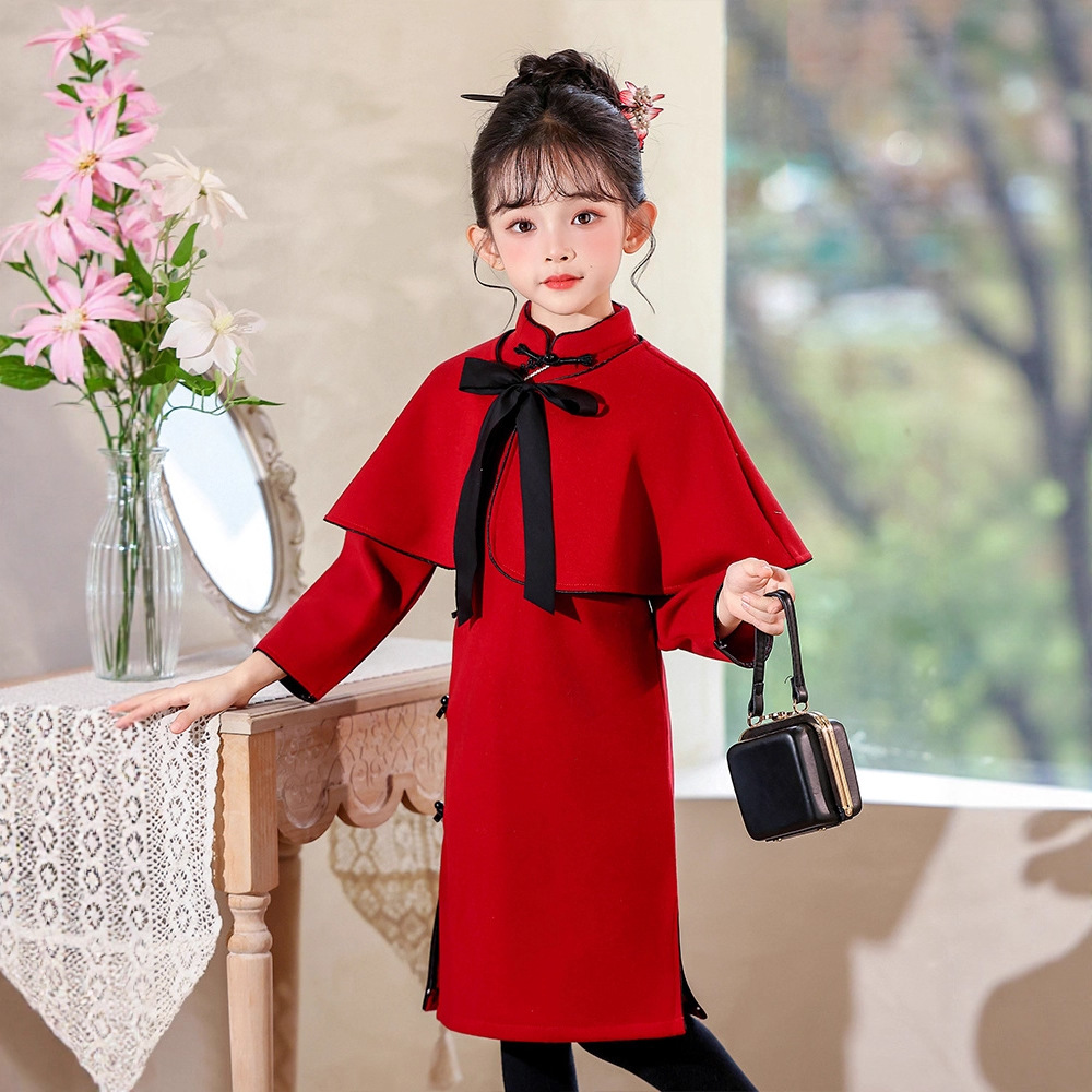 女童新中式红色加绒拜年旗袍裙子