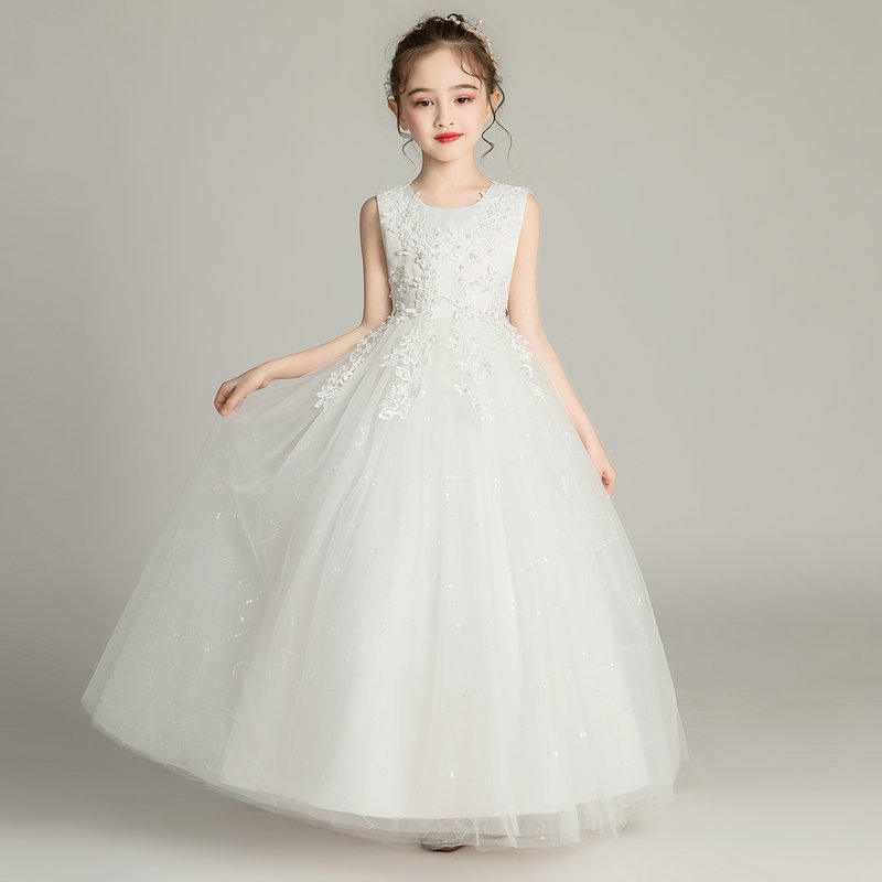 花童婚礼服小女孩白色婚纱裙儿童公主裙女童连衣裙长裙子演出服装