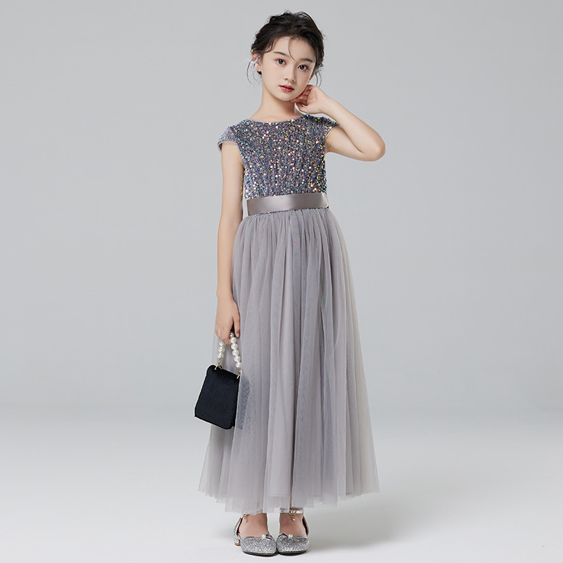 女童短袖公主夏季灰色礼服连衣裙