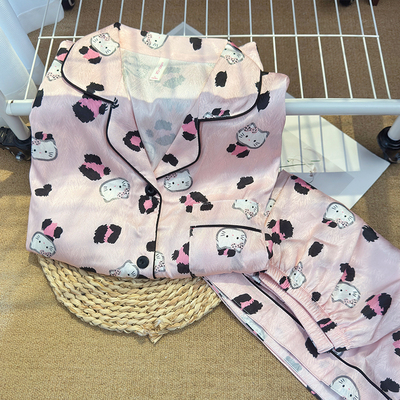 豹纹kitty睡衣女冰丝带胸垫套装