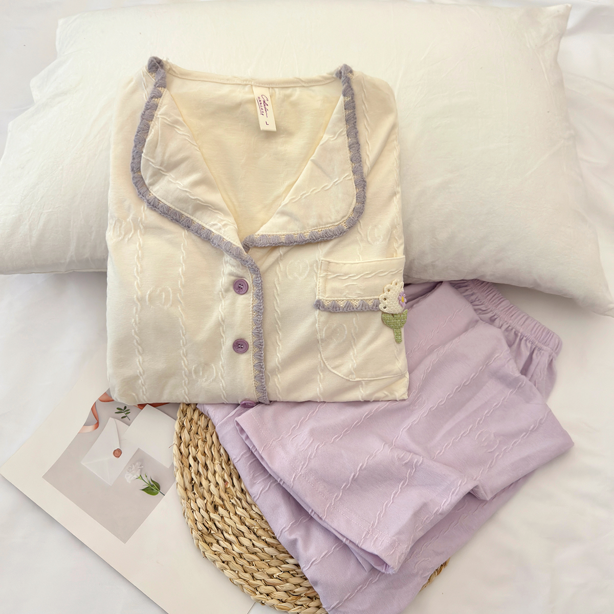 2024新款睡衣女带胸垫一体式长袖提花棉网红风日系开衫家居服套装