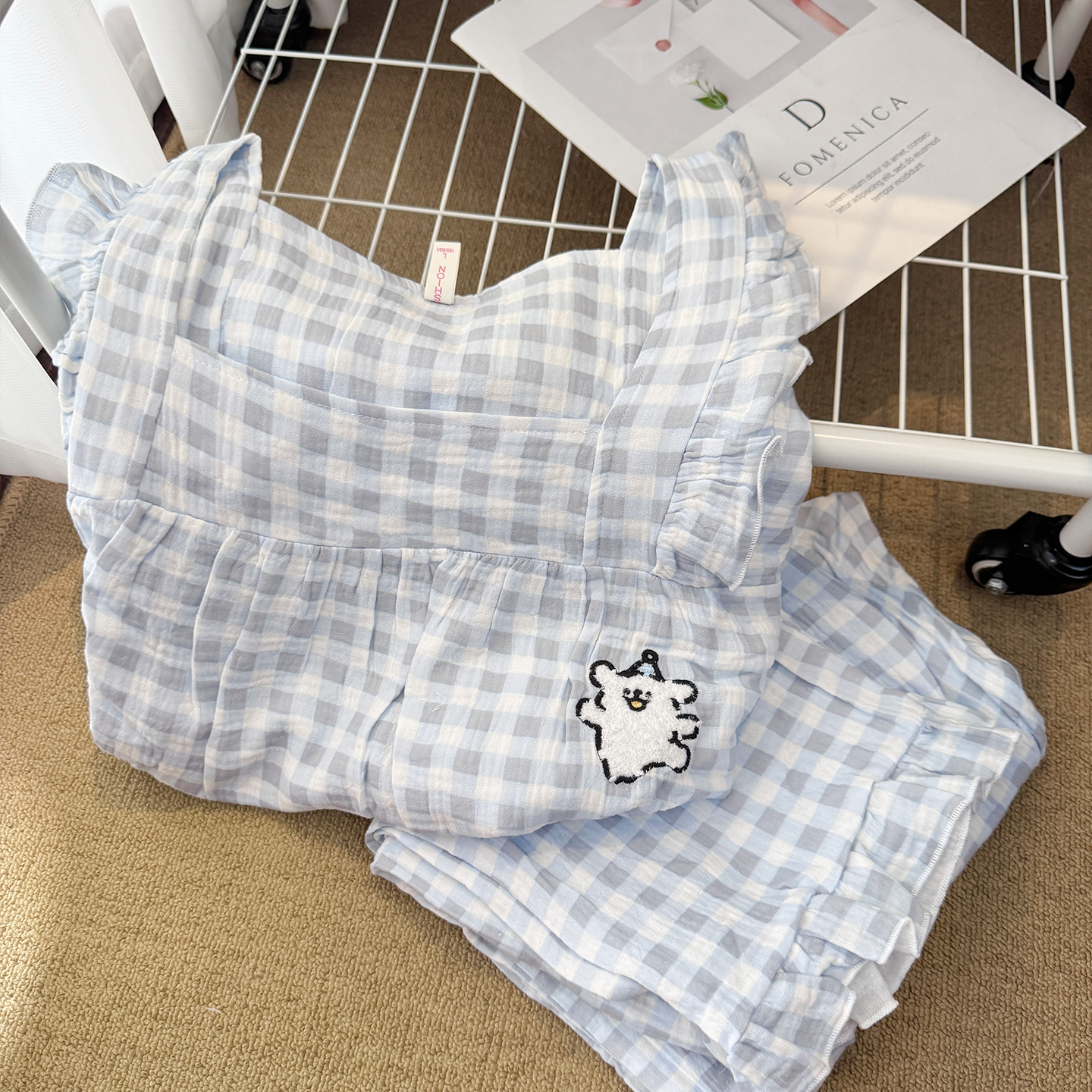 格子线条小狗睡衣女纯棉纱布套装