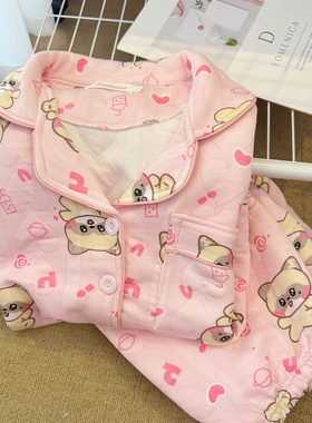 秋冬季空气棉夹层睡衣女可爱hanini甜美少女开衫卡通新款家居服女