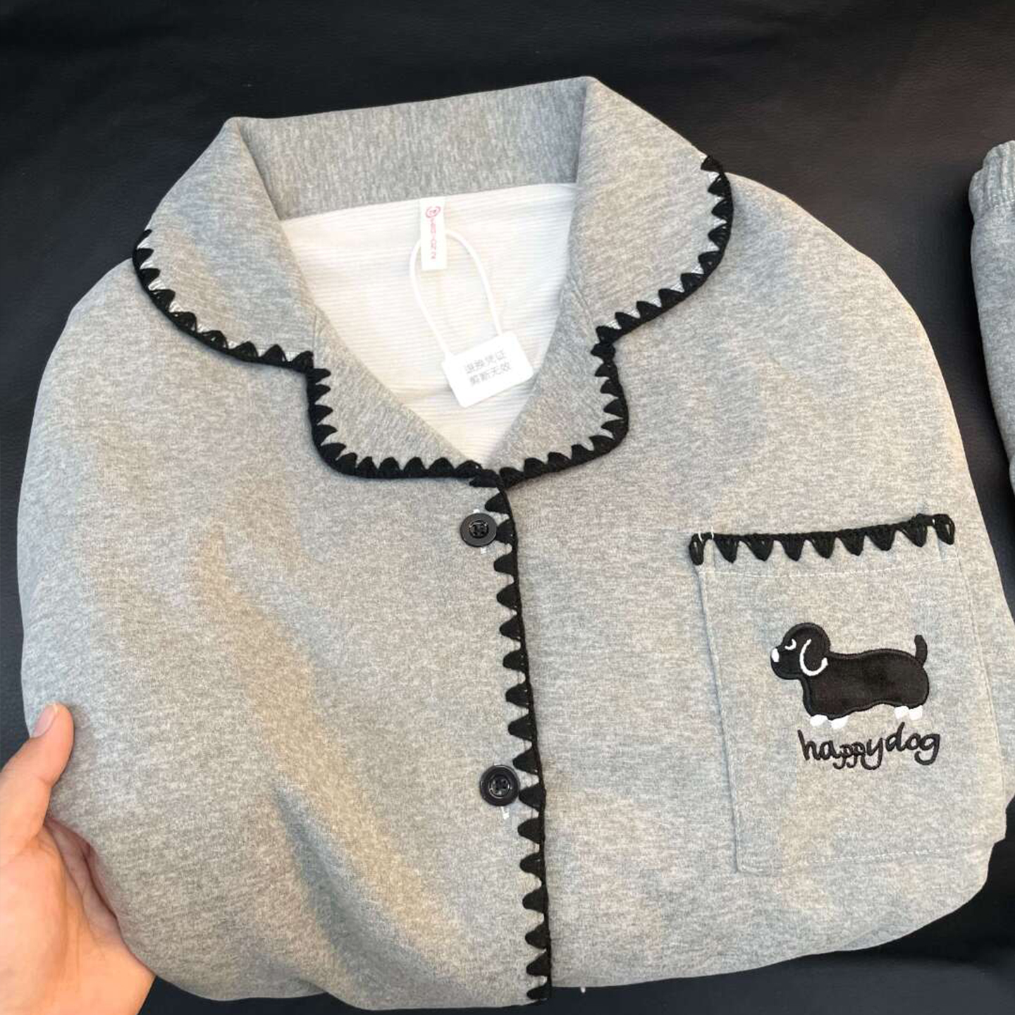 灰色可爱德绒秋冬长袖睡衣女套装