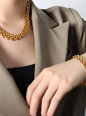 百搭镀金环扣粗链条项链手链套装