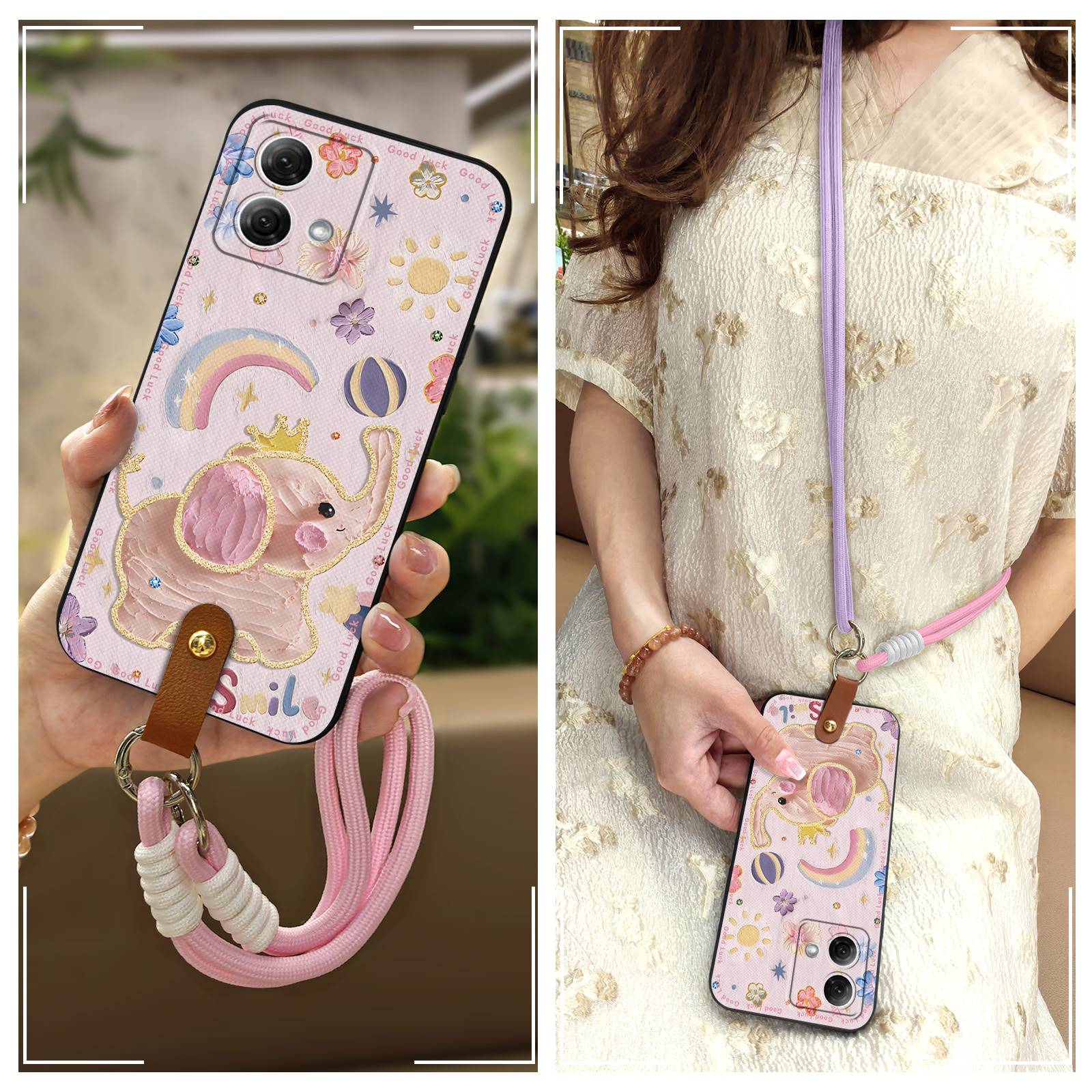 适用MOTO G84 5G手机壳女款简约斜跨双色数码Q版挂绳硅胶潮流