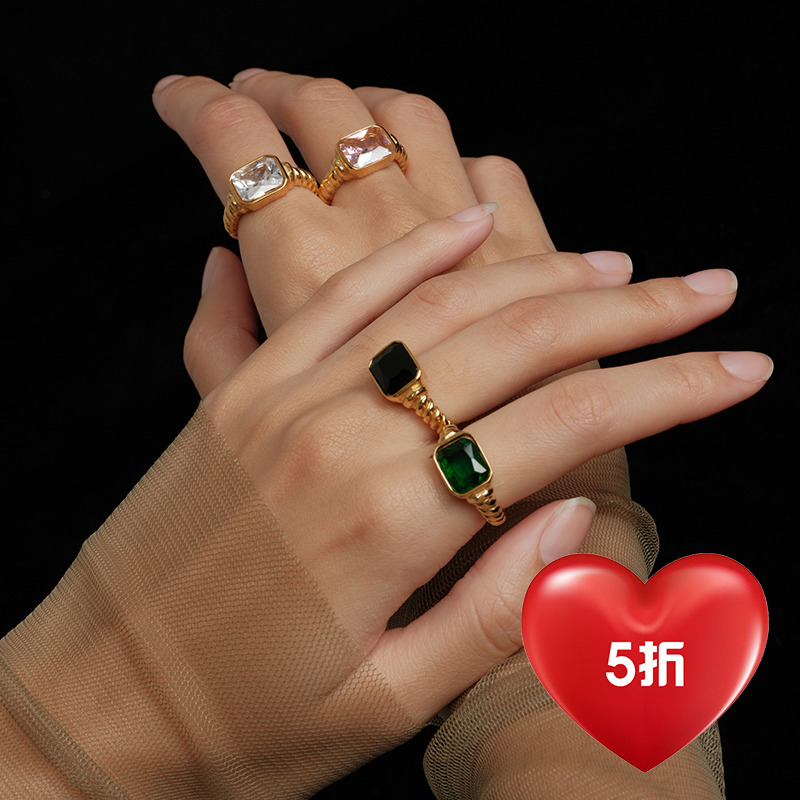 【CnHnOn脂肪商店】复古小众法式珠宝彩色方圆锆石宝石时髦戒指