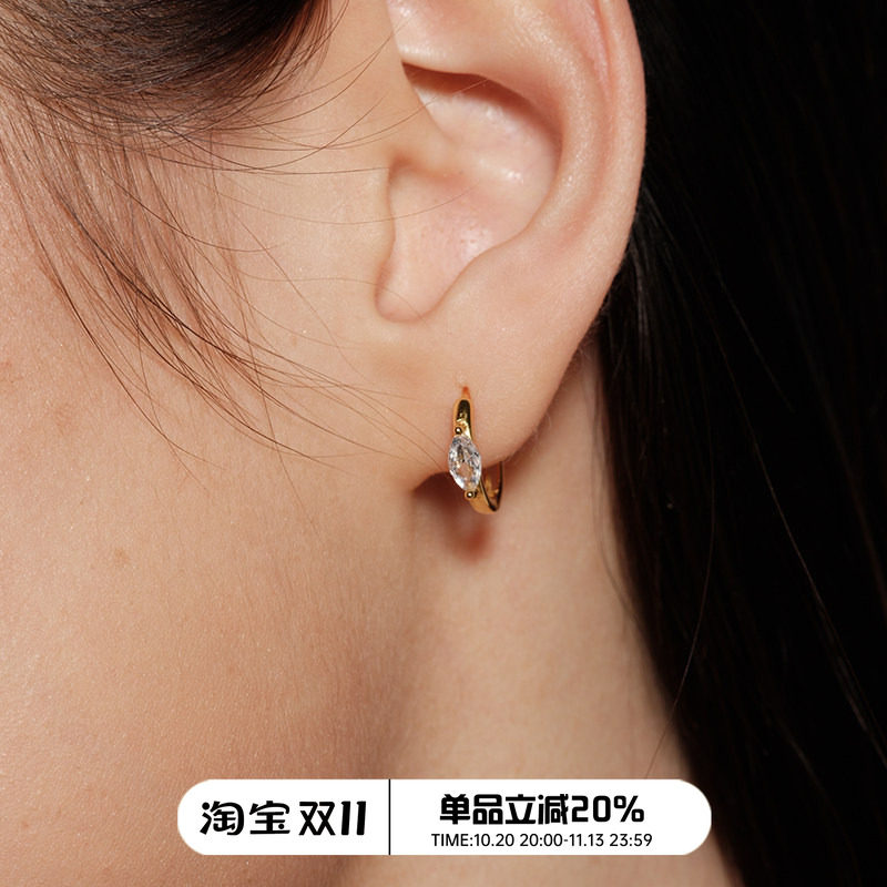 【CnHnOn脂肪商店】s925纯银马眼锆石欧美简约18k镀金小耳圈耳钉