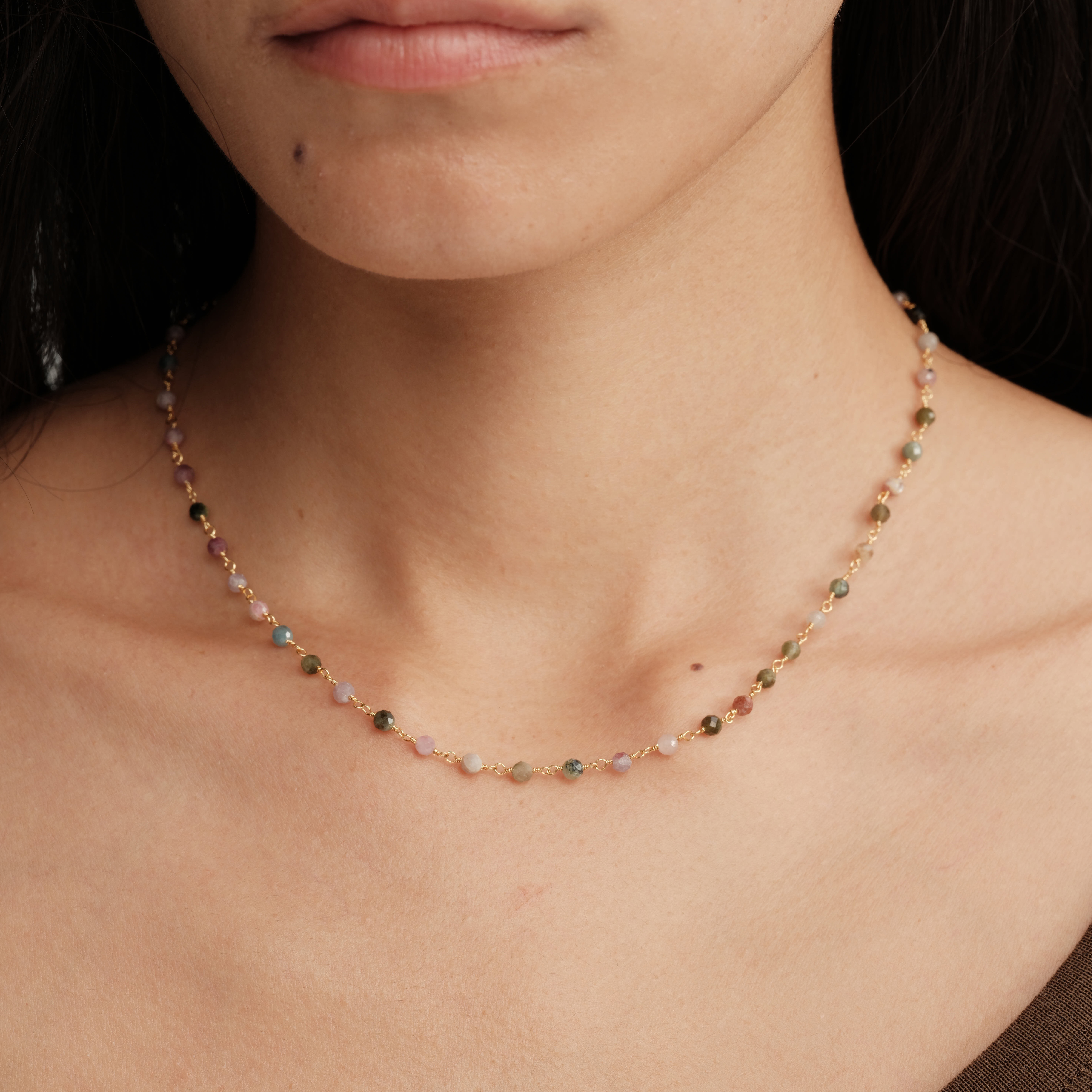 【CnHnOn脂肪商店】天然碧玺石手工编织串珠闪面彩色法式精致项链