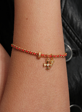 【CnHnOn脂肪商店】s925纯银红黑绳金属穿链十字花爱心钻幸运手链