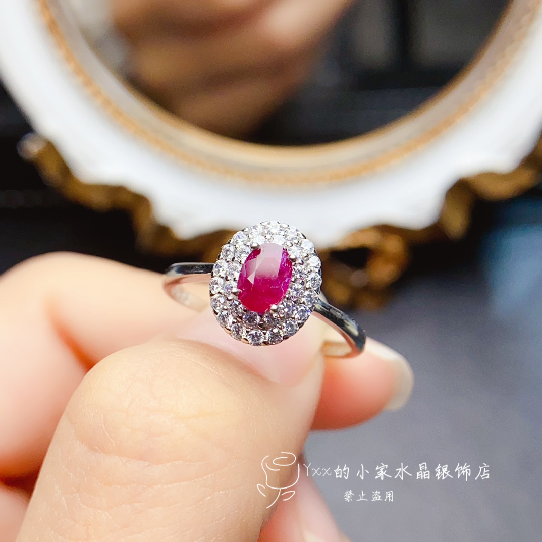 天然红宝石戒指女S925银镶嵌宝石4乘6老烧时尚百搭银饰指环开口戒