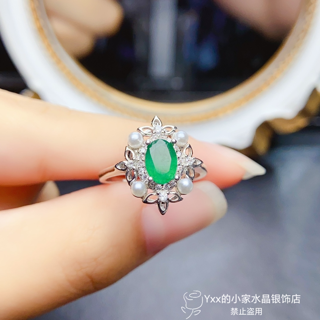 天然祖母绿戒指5乘7贝珠款